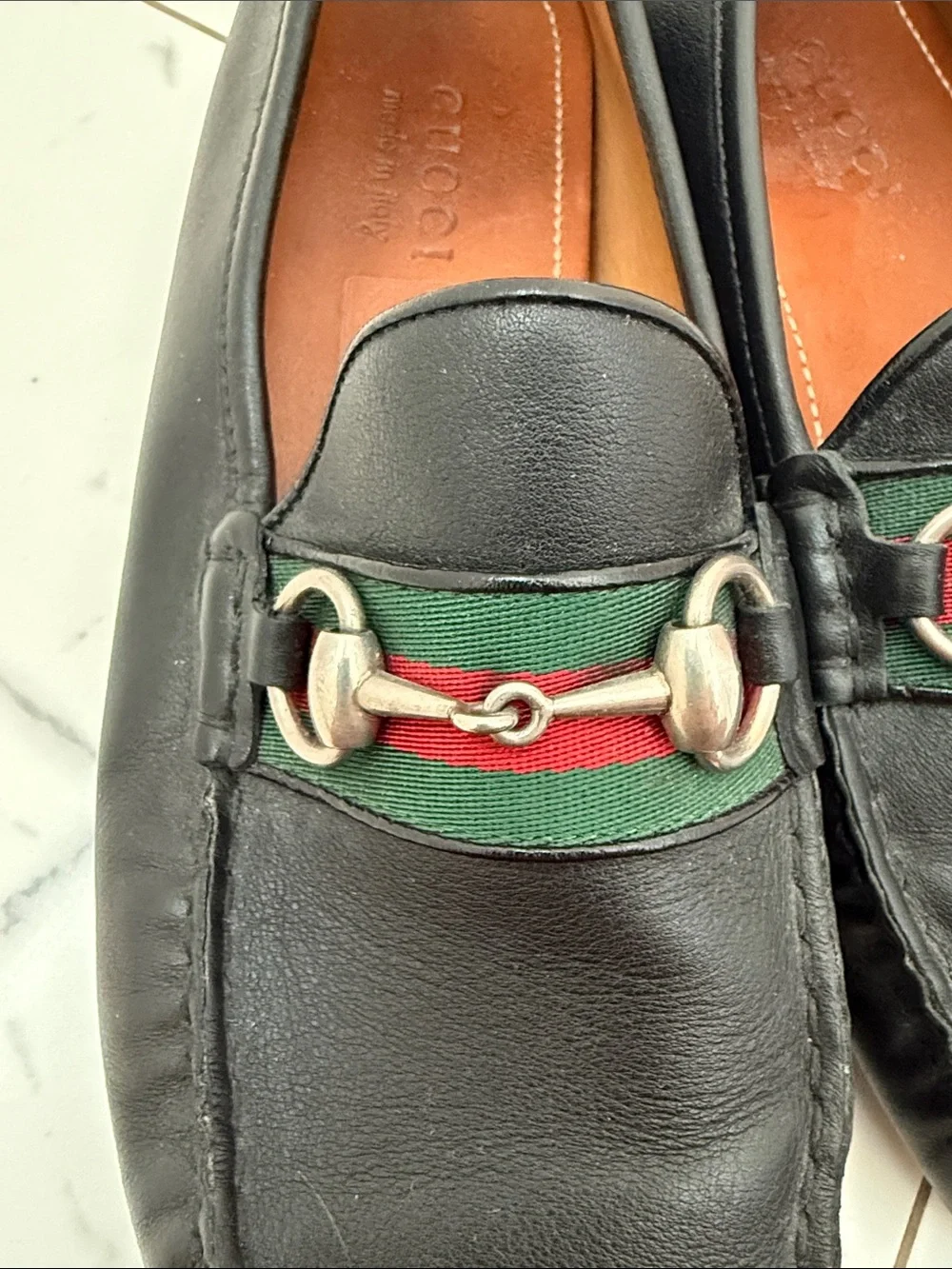 Gucci Black Leather Loafers with Red & Green Web and Silver Horsebit